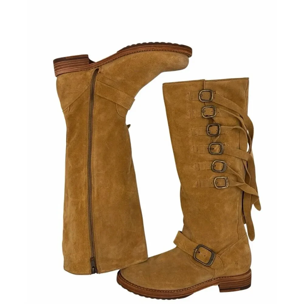 Frye Veronica Strap Tall 70592 Brandy Brown Suede Zipper Casual Boots Size 8.5